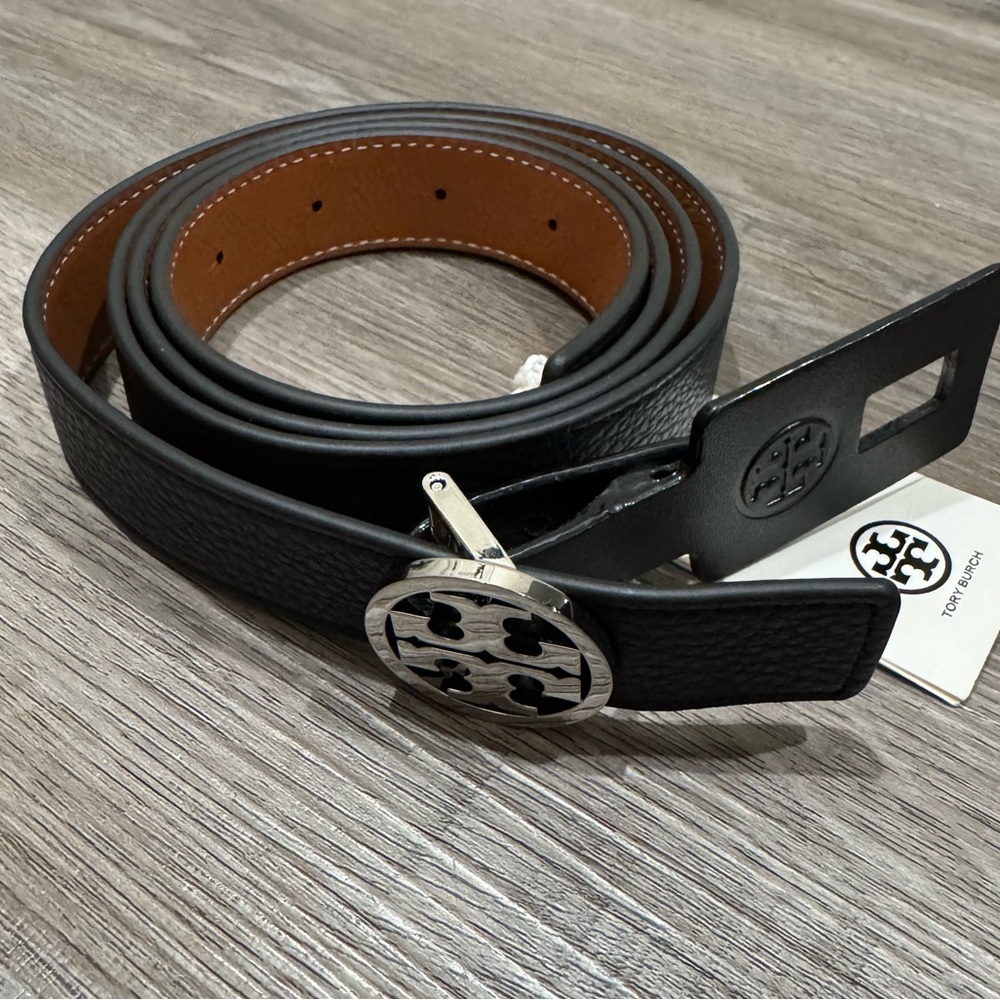 Tory Burch 1” Reversible Logo Black Classic Cuoio Silver Belt - Picture 4 of 12